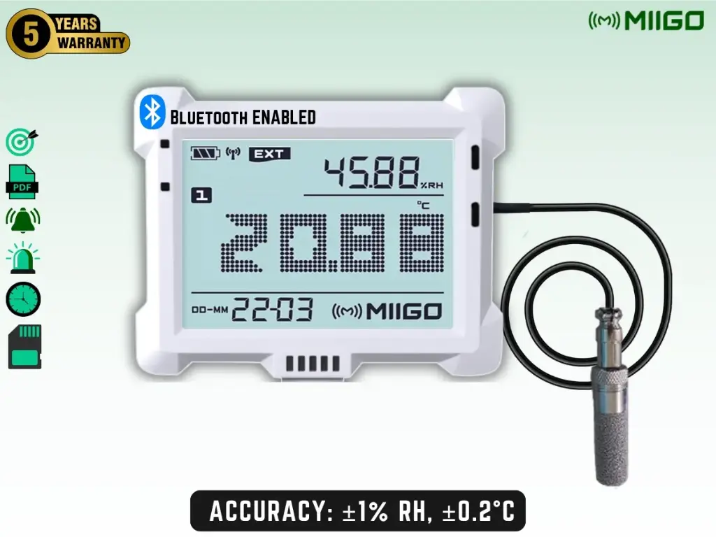 MIIGO-H-B-THE: Digital Thermo Hygrometer and Clock With External Sensor - Bluetooth